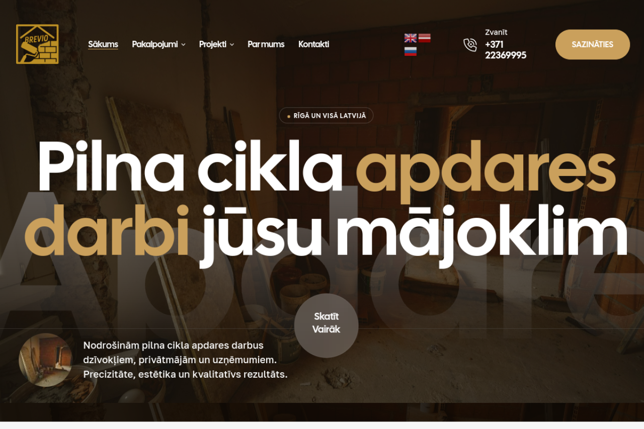 Brevio — apdares darbu uzņēmuma mājaslapas izstrādes piemērs